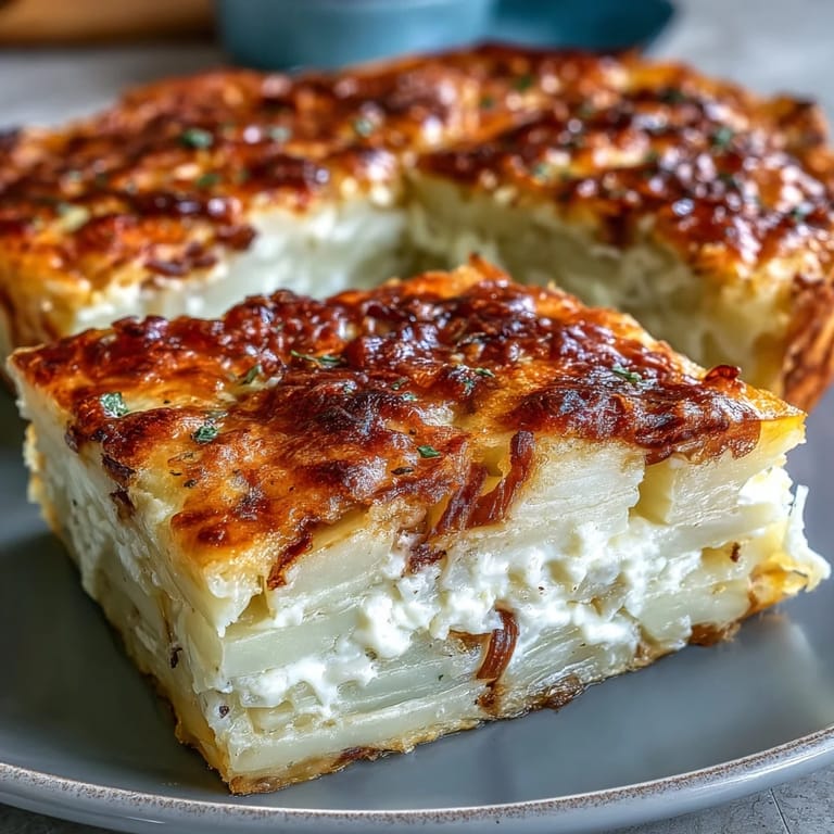 Overhead view of a rustic Cheese and Potato Pie, featuring a golden crust and a side salad for a balanced meal.