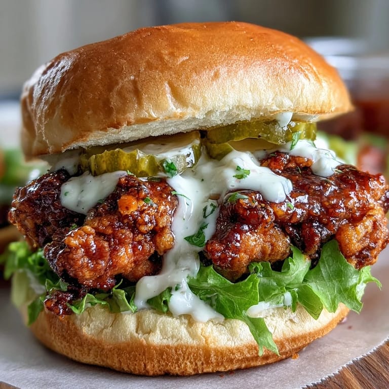 A close-up of golden, ultra-crispy fried chicken on a toasted brioche bun with creamy sauce drizzling down the sides.