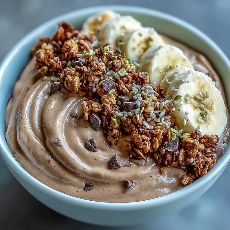 Spoon-ready Chunky Monkey smoothie bowl served with sliced bananas and mini chocolate chips for a decadent treat.