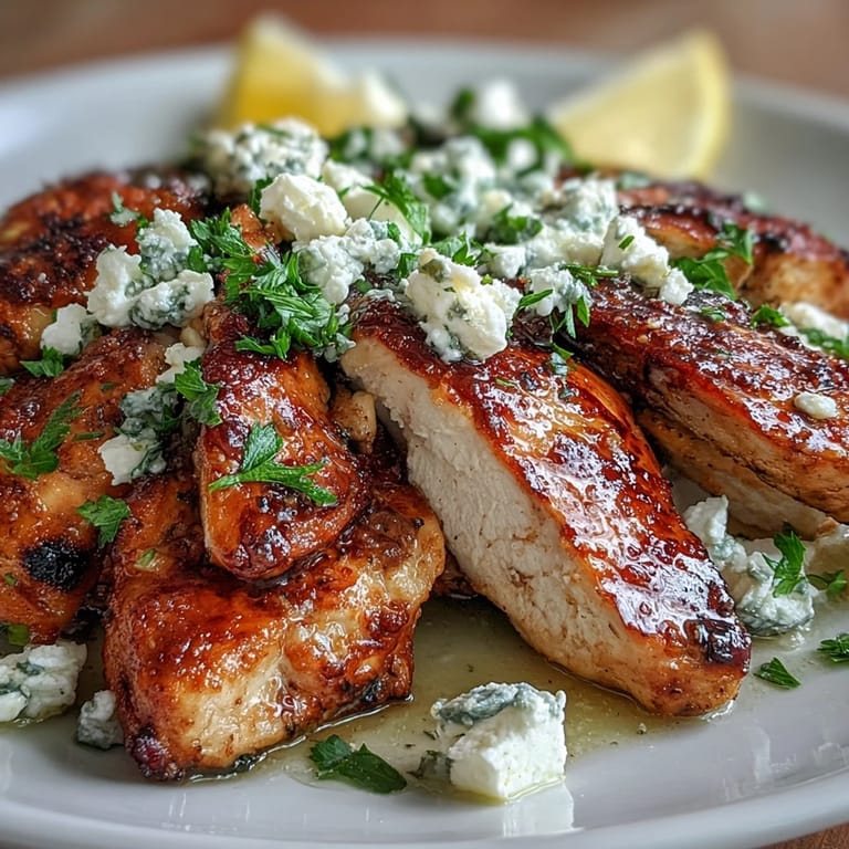 Vibrant Greek Chicken with Lemon and Feta garnished with fresh parsley, paired with lemon wedges for a Mediterranean-inspired meal.