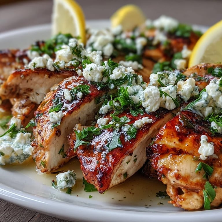 Tender slices of Greek Chicken with Lemon and Feta topped with crumbled feta, resting on a rustic plate for dinner.