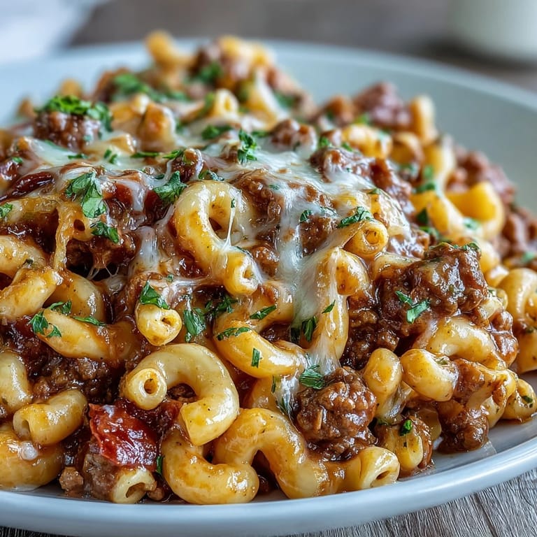 Creamy One-Pan High Protein Chili Mac topped with green onions, sour cream, and tortilla chips.