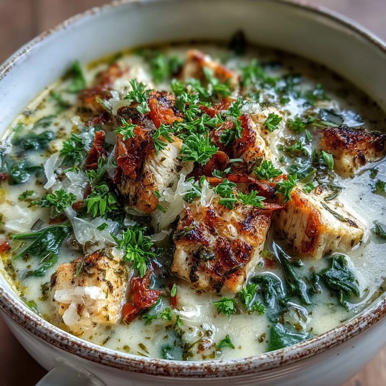 Garlic Parmesan Chicken Soup with tender chicken cubes and wilted spinach in a white ceramic bowl.