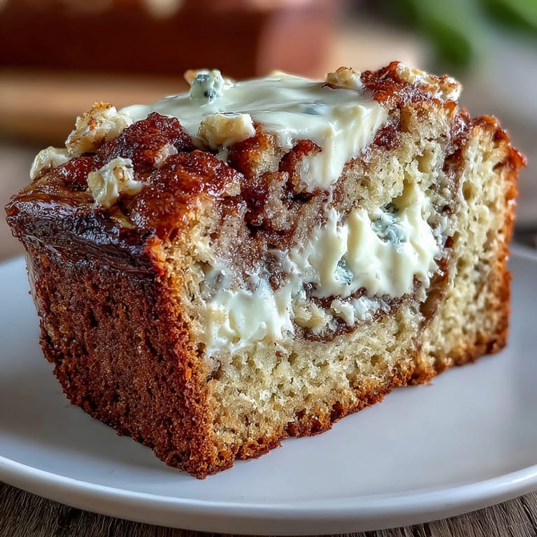 A close-up view highlights a generous slice of Cream Cheese Cinnamon Swirl Banana Bread showcasing the rich white cream cheese layer and ribbons of brown cinnamon sugar. The tender yellow interior and dark loaf pan suggest a moist, homemade dessert ready to be enjoyed warm.