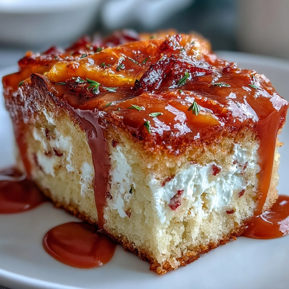 Fresh blood orange slices and a cup of coffee accompany a glazed Heavenly Blood Orange Yogurt Cake on a marble board.