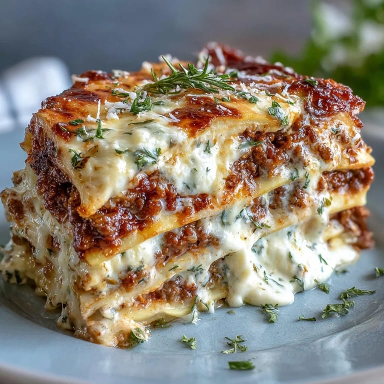 A close-up on a serving of Worlds Best Lasagna shows tender noodles, savory meat sauce, and melted cheese.