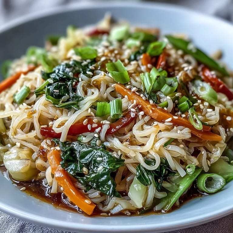 Close-up of a healthy Shirataki Noodle Bowl featuring colorful bok choy, bell peppers, and snow peas, garnished with toasted sesame seeds.