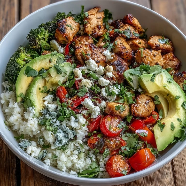 Colorful Cauliflower Rice Bowl with sautéed broccoli and bell peppers served in a rustic ceramic bowl.