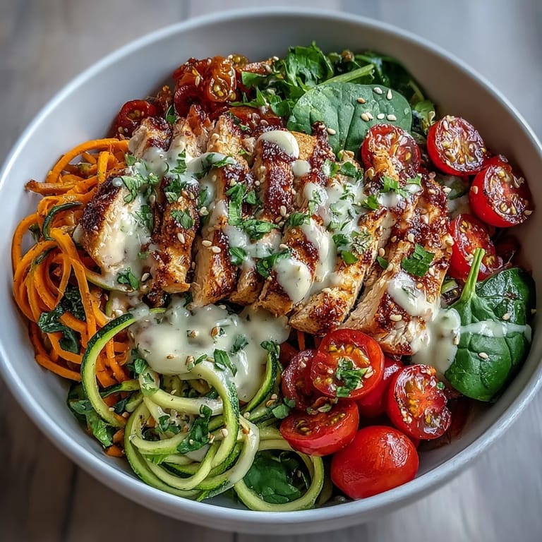 Colorful Spiralized Vegetable Bowl with tender veggie noodles, baby spinach, and sliced grilled chicken, garnished with fresh parsley and ready to enjoy.