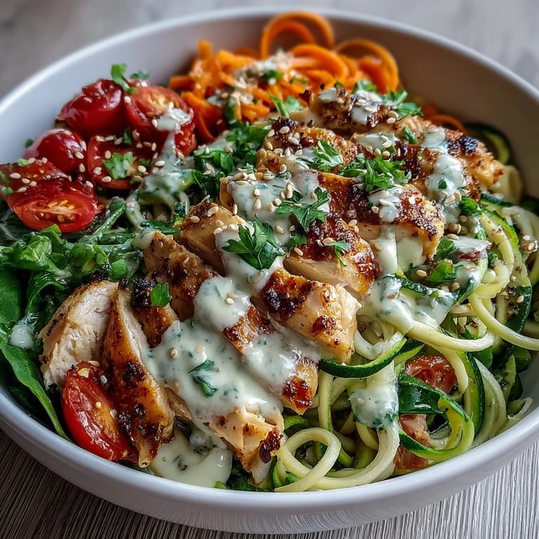 Healthy Spiralized Vegetable Bowl featuring spiralized zucchini and sweet potato noodles, tossed with tahini dressing and served with chickpeas for a vegetarian option.