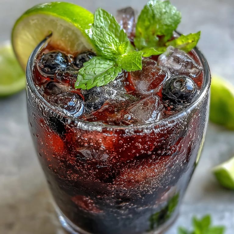 Chilled Black Currant Mojito garnished with mint and a lime wedge, perfect for sipping on a sunny day.