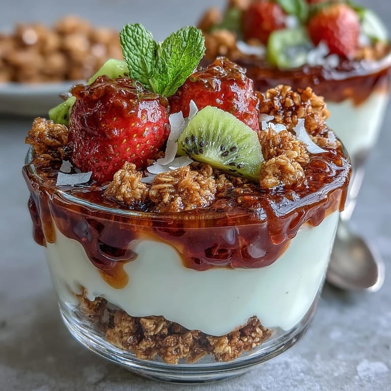 A close-up view shows a spoon scooping into a vibrant Guava-Flavored Yogurt Parfait, revealing layers of fruit, yogurt, and granola, perfect for breakfast or dessert.