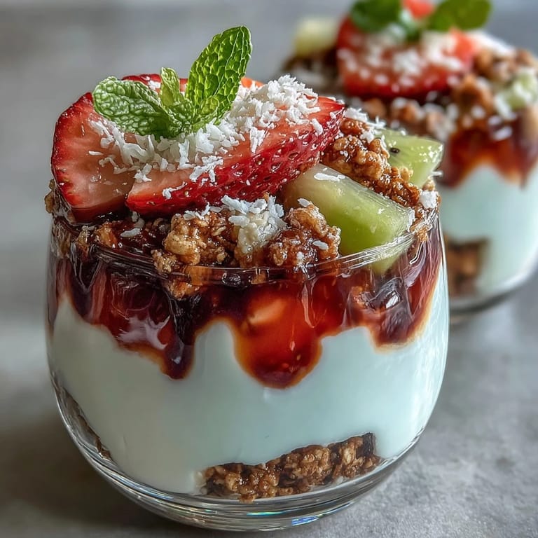 Four serving glasses of Guava-Flavored Yogurt Parfait topped with shredded coconut and fresh mint, set against a bright, sunny kitchen backdrop ideal for a tropical morning.