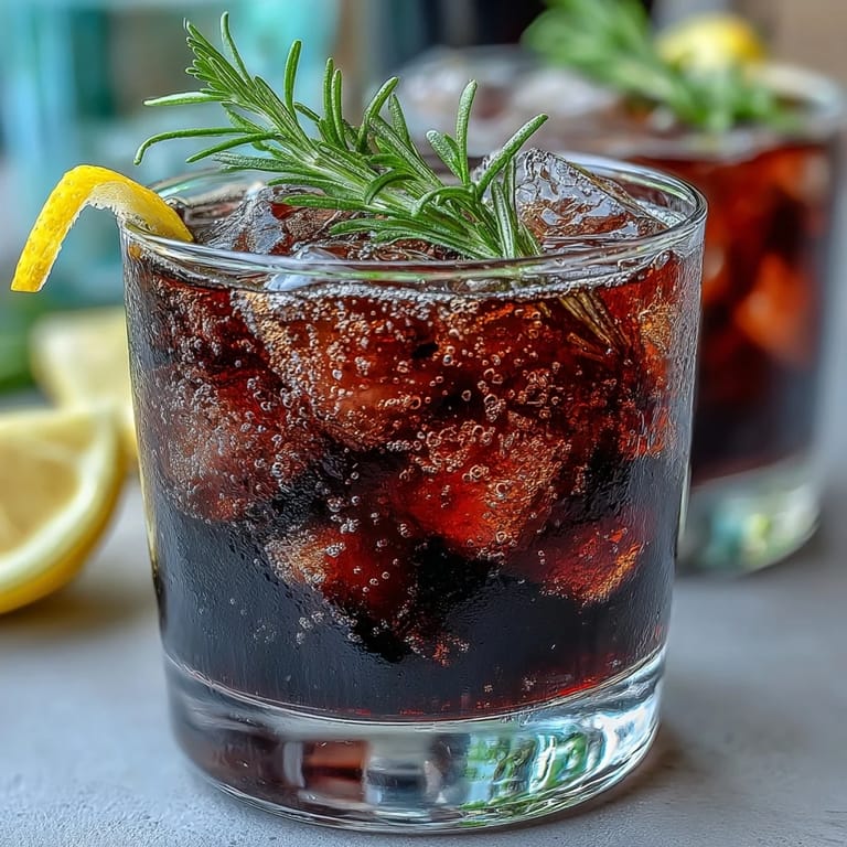 Next to a cocktail shaker, a finished Black Currant Rosemary Cocktail is poured over ice, garnished with fresh black currants.