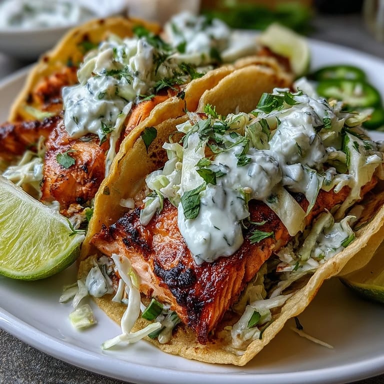Freshly assembled Air Fryer Salmon Tacos with crunchy cabbage slaw and a wedge of lime, ready to be enjoyed.