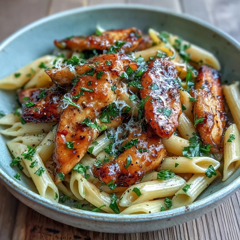 A close-up of saucy Honey Pepper Chicken Pasta topped with grated Parmesan, with golden chicken strips and vibrant red pepper flakes visible.