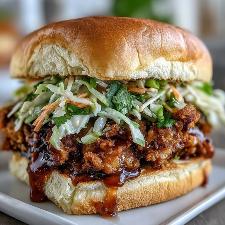 Crispy Thai Fried Chicken Sandwich with drizzled sriracha mayo and fresh cilantro on a soft bun.