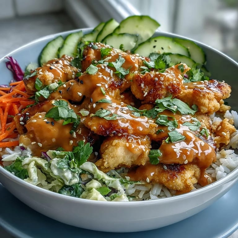 Overhead view of a Bang Bang Chicken Bowl featuring tender chicken, red cabbage, and green onions, garnished with sesame seeds and cilantro.