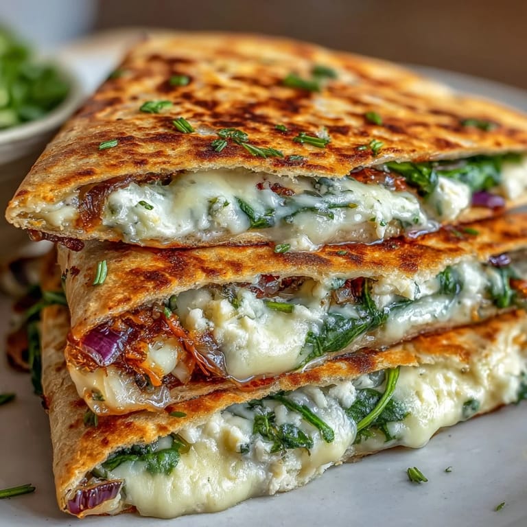 Cut wedge of a Mediterranean quesadilla showing red onion and melted cheese against a rustic wooden background.