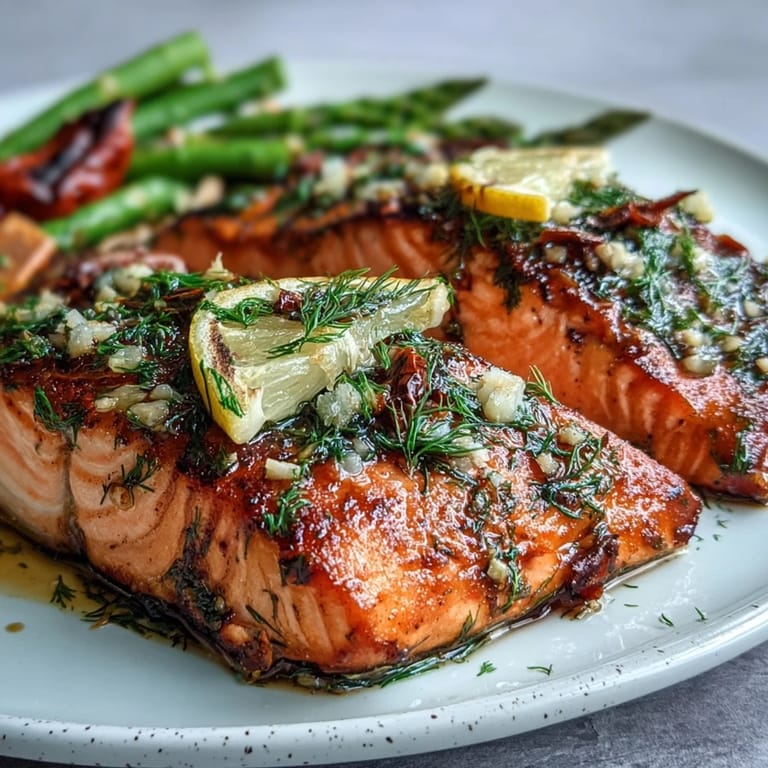 Close-up of juicy Marry Me Salmon, fresh from the oven, showcasing glossy herbs and vibrant lemon wedges for a romantic meal.