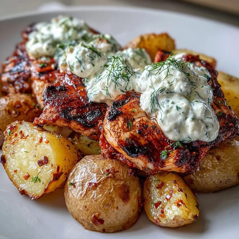 A rustic platter holds Spicy Yogurt Marinated Chicken with Dill Feta Cream & Crispy Baby Potatoes, garnished with lemon and dill.