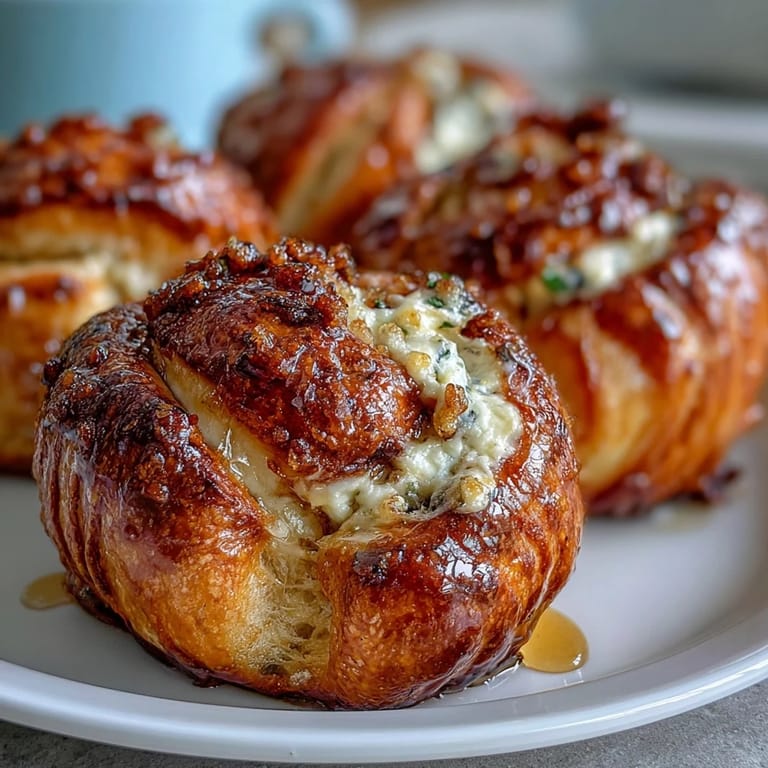 Freshly baked Hot Honey Ricotta Stuffed Garlic Knots drizzled with spicy-sweet honey glaze.