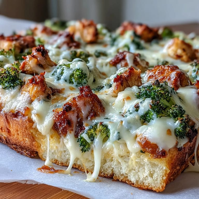 Slice of Garlic Parmesan Chicken & Broccoli Pizza revealing creamy white sauce and tender broccoli florets.