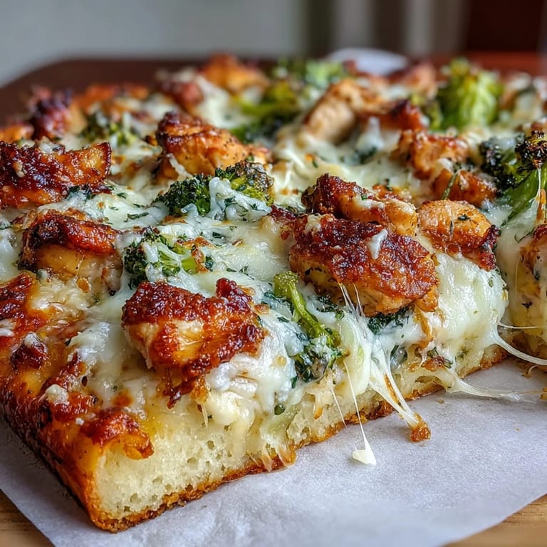 Freshly baked Garlic Parmesan Chicken & Broccoli Pizza topped with diced chicken and parsley garnish.