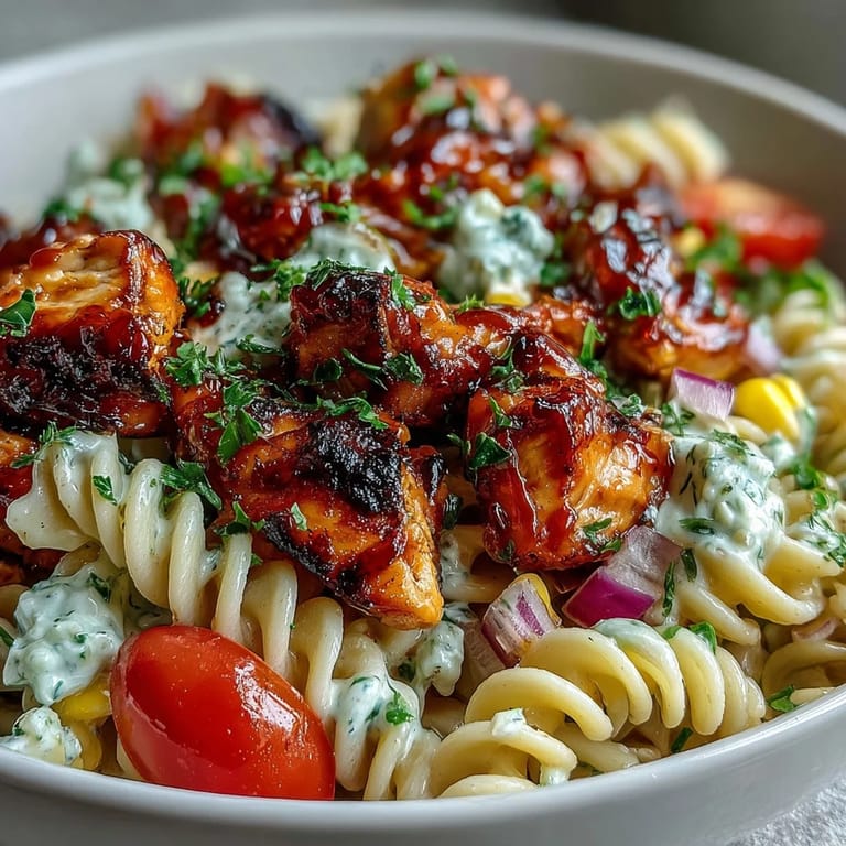 Overhead view of Honey BBQ Chicken Pasta Salad garnished with fresh parsley, ready for a potluck.