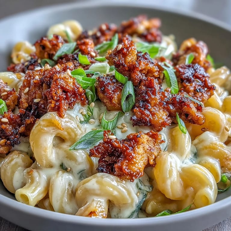Steaming Korean-Style Turkey Mac & Cheese is garnished with sesame seeds and scallions, ready for a satisfying family dinner.