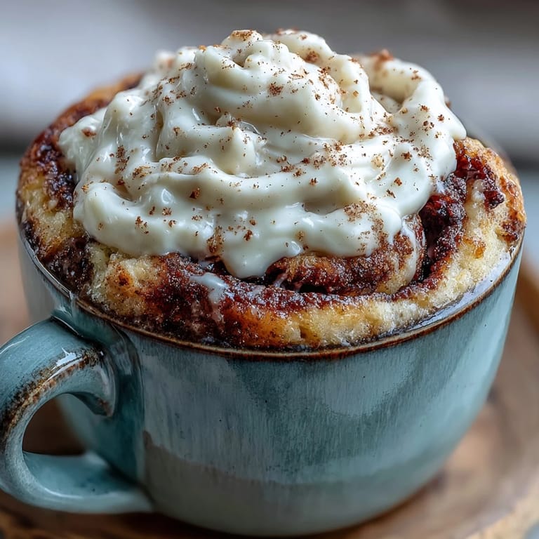 A warm High-Protein Cinnamon Roll Mug Cake with a sweet cinnamon swirl, finished with smooth cream cheese frosting on a cozy breakfast table.
