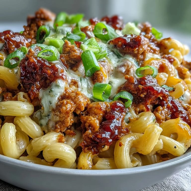 Steaming Korean-Style Turkey Mac & Cheese served in a bowl with a drizzle of sesame oil and red pepper flakes.