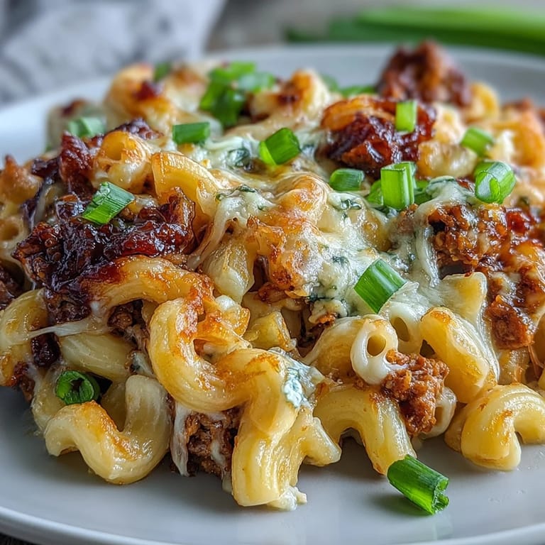 Close-up of Korean-Style Turkey Mac & Cheese featuring gooey cheddar cheese and seasoned ground turkey, ready to serve.