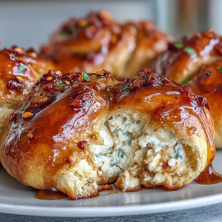 Freshly baked Hot Honey Ricotta Stuffed Garlic Knots served warm on a rustic wooden board.