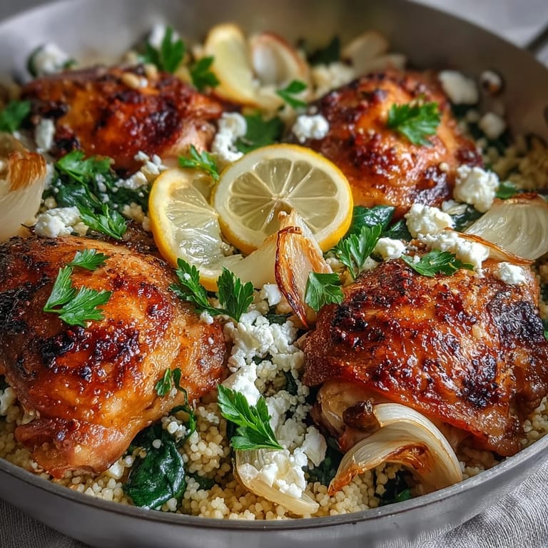 A close-up of Creamy Greek Chicken & Pearl Couscous Bake reveals a one-pan dinner garnished with fresh herbs and lemon wedges.