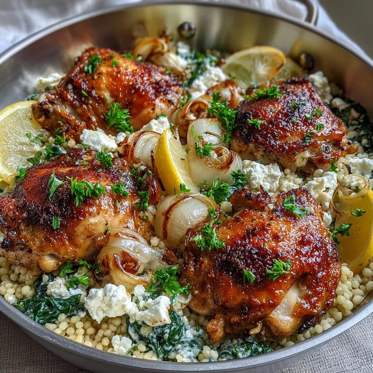 Bubbling Mediterranean flavors in this Creamy Greek Chicken & Pearl couscous Bake feature tender chicken and melted cheese over a savory grain base.