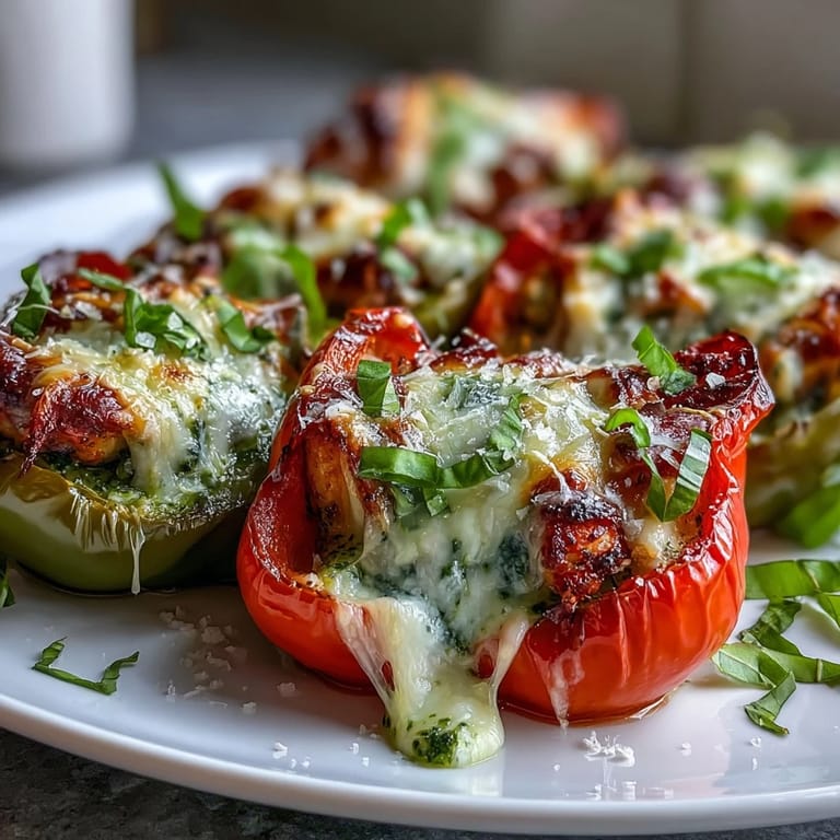 Freshly baked Pesto Chicken Stuffed Sweet Peppers served warm on a white plate with basil garnish.
