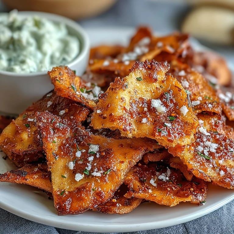 Hot out of the oven, spicy garlic naan chips offer a satisfying crunch next to a refreshing bowl of Asian cucumber yogurt dip.  
