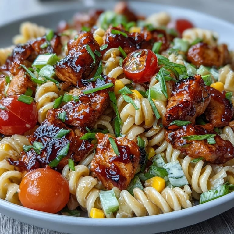 Summer potluck-ready Honey BBQ Chicken Pasta Salad served chilled with colorful veggies on a rustic table.