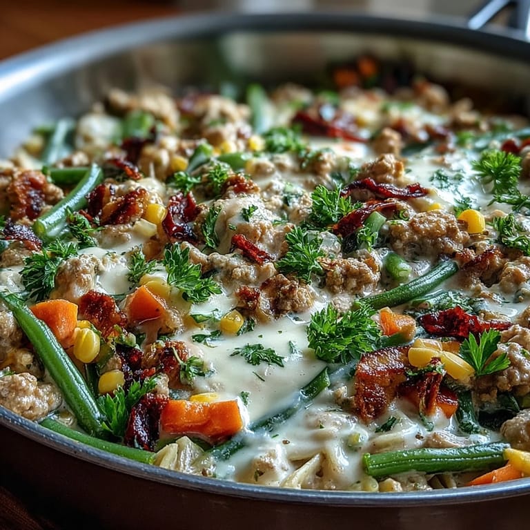 Steaming skillet of Creamy Ranch Turkey & Veggie Skillet with diced onions, colorful bell peppers, and a rich, creamy ranch sauce on pasta.