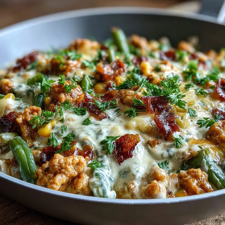 Close-up of Creamy Ranch Turkey & Veggie Skillet showing juicy ground turkey, corn, and green beans in a cheesy ranch sauce, garnished with parsley.