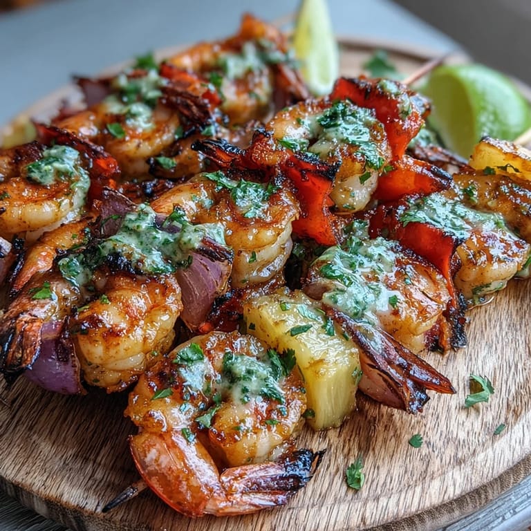 Sizzling Grilled Shrimp and Pineapple Skewers with Cilantro Lime show char marks and juicy pineapple chunks alongside vibrant red bell peppers.