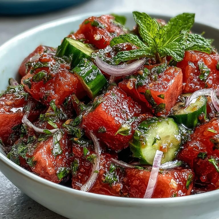 Chilled Summer Watermelon Cucumber Mint Salad with juicy cubed melon, crisp diced cucumber, and a glistening lime-olive oil dressing, perfect for a refreshing hot weather appetizer or light meal.