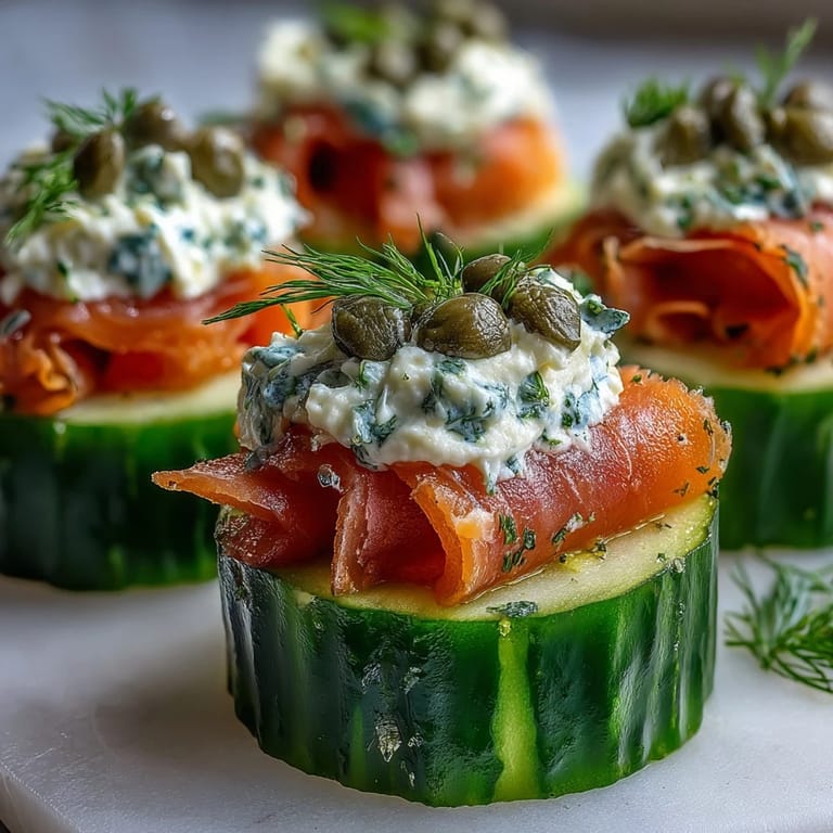 A platter of Keto Smoked Salmon and Cream Cheese Cucumber Bites garnished with lemon slices and fresh dill sprigs.