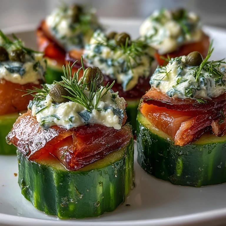 Close-up of Keto Smoked Salmon and Cream Cheese Cucumber Bites showing layers of creamy filling and pink salmon.