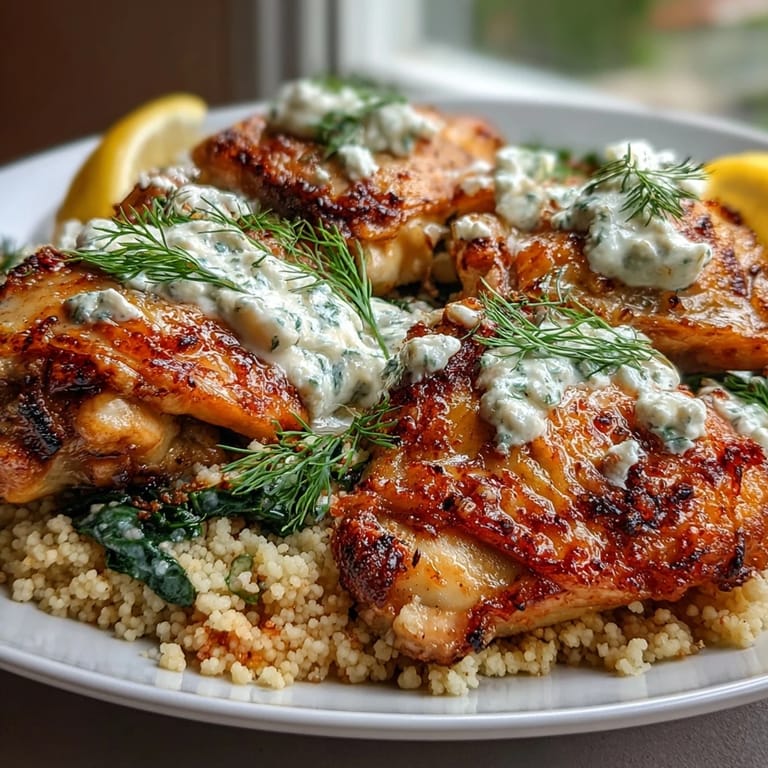 A close-up of creamy Greek Chicken & Pearl Couscous Bake with melted feta and wilted spinach in the pan.
