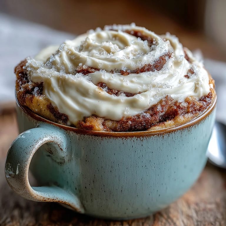 The High-Protein Cinnamon Roll Mug Cake is ready to eat, topped with cream cheese frosting and a cozy mug background.