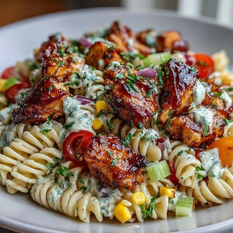 Pasta salad with glazed honey BBQ chicken, cherry tomatoes, corn, and celery tossed in smoky dressing.