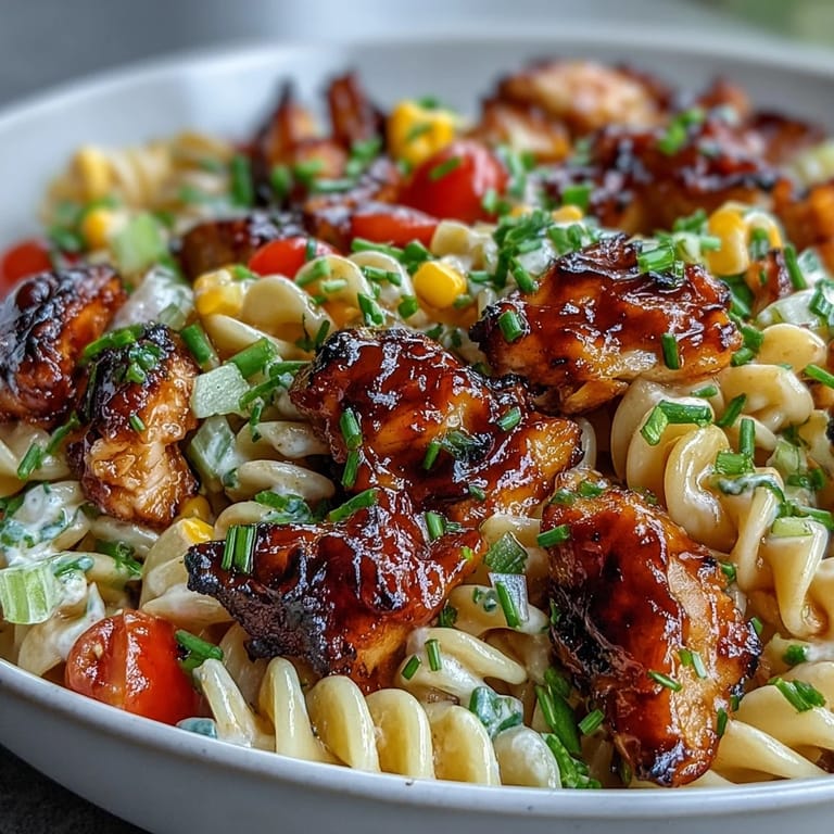 Summer potluck-ready Honey BBQ Chicken Pasta Salad served chilled with colorful veggies on a rustic table.