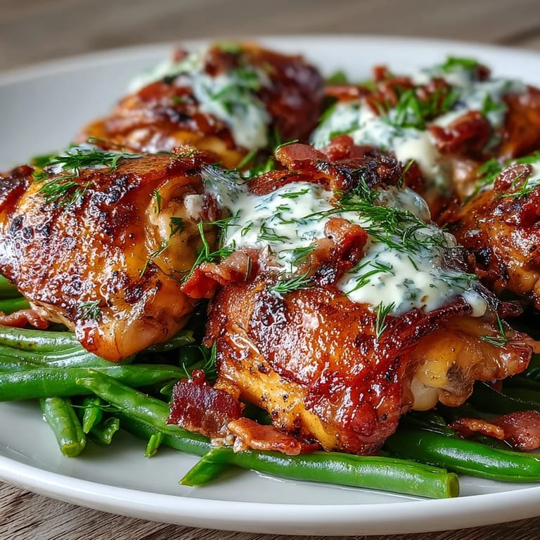 Sizzling Keto Bacon Ranch Chicken Thighs resting beside tender roasted green beans in a rustic skillet dinner.
